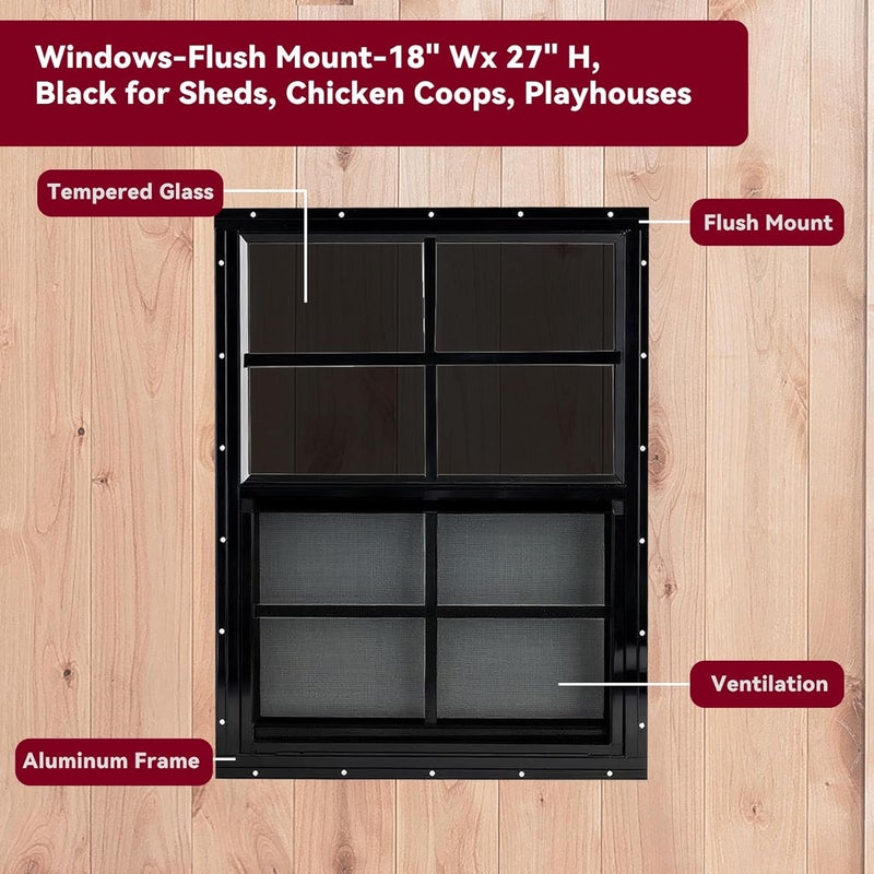 Shineforu 18" x 27" Black Shed Windows 2 Pack,Small Windows with Tempered Glass - Flush Mount | Ultimate Choice for Chicken Coop, Greenhouse, Garage, Playhouse - Image 5